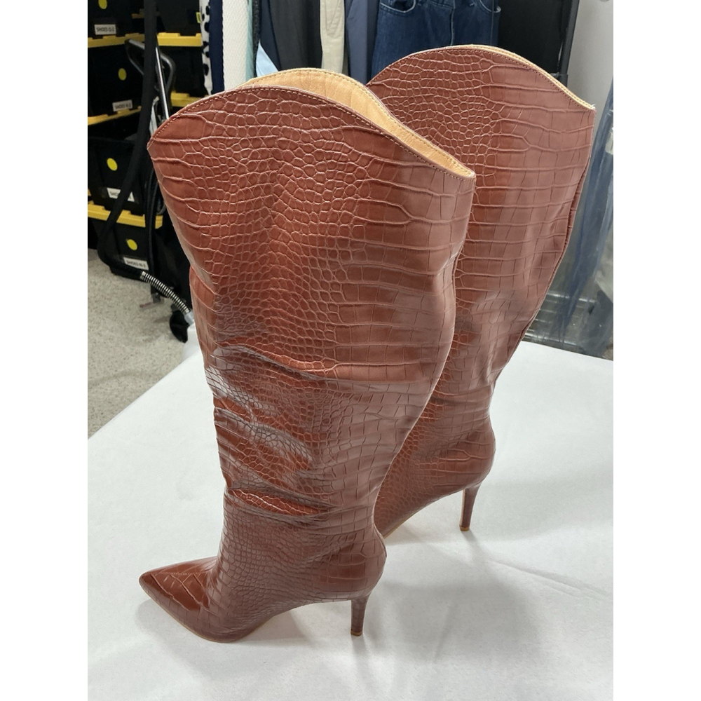 Womans Suedi Knee High Boots 7 Brown Croc Faux Leather Stiletto Pullon NWOT
